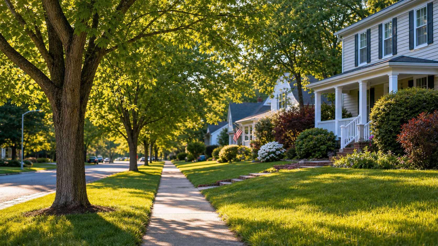 Tree-lined Bowie-style neighborhood street with sidewalks and homes